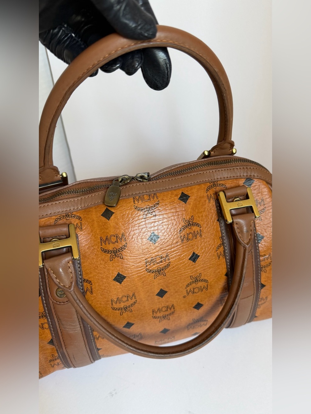 MCM Cognac Monogram Boston Satchel with Brown Trim - Picture 3 of 13